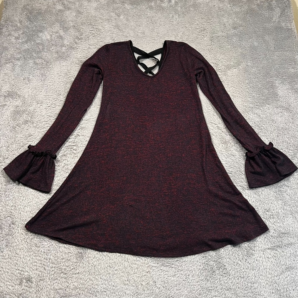 Derek Heart Fit Flare Dress Tie Cross Back Red Black‎ Long Bell Sleeve Women's M